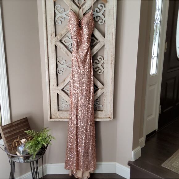 La Femme Women's Drape Neck Sequin Long Gown Low Cut Strappy Back in Rose Gold - Picture 2 of 10